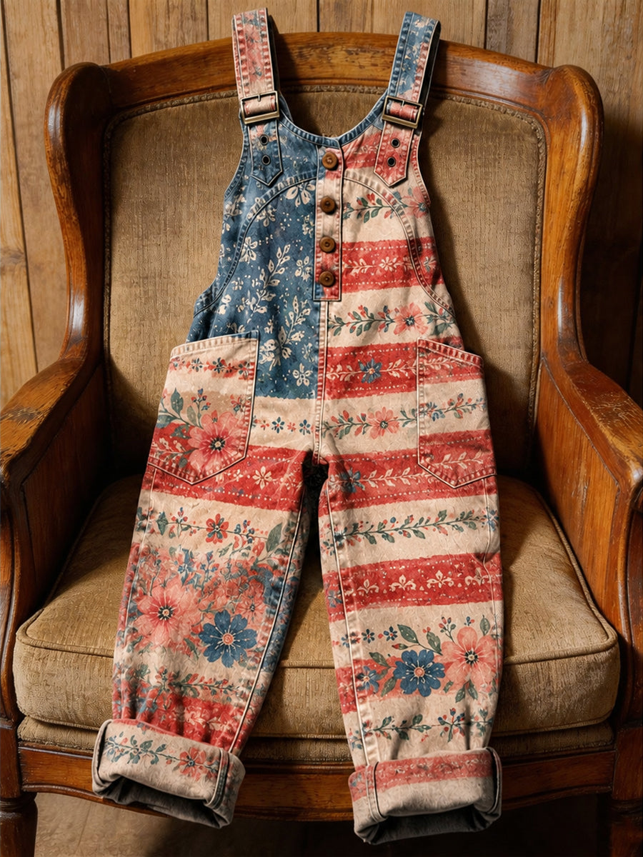 Women's Retro Style Art Print Washed Cotton Denim Patchwork Jumpsuit